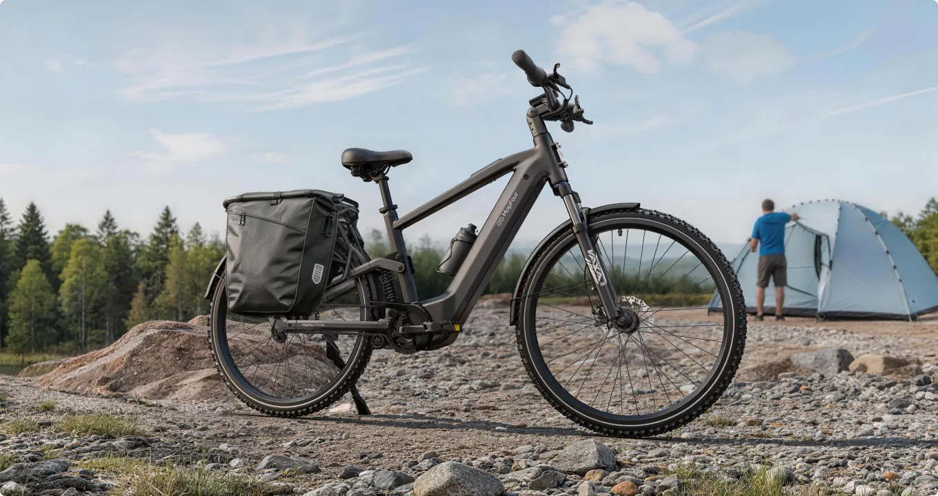 MapFour Roam with panniers next to a tent